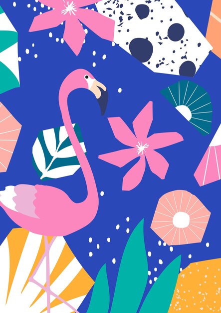 Fondo de cartel de flores y hojas tropicales con flamencos Ilustración de vector de verano colorido
