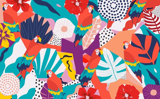 Fondo de cartel de flores y hojas tropicales con loros ilustración de vector de verano colorido