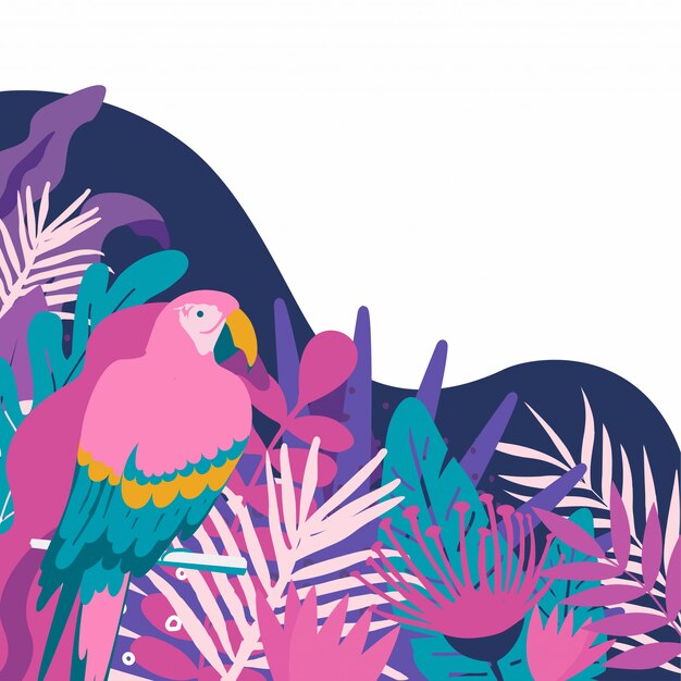 Fondo de cartel de hojas tropicales con loro.