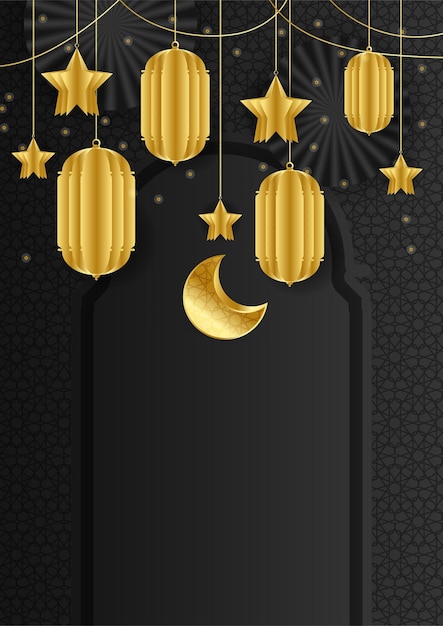 Fondo de cartel islámico de moda con patrón árabe de mezquita linterna luna y media luna se puede utilizar para tarjeta de felicitación cartel banner invitación folleto ramadan eid adha iftar invitación