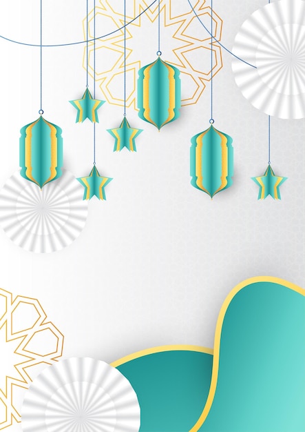 Fondo de cartel islámico de moda con patrón árabe de mezquita linterna luna y media luna se puede utilizar para tarjeta de felicitación cartel banner invitación folleto ramadan eid adha iftar invitación