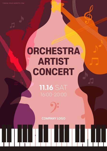 Vector fondo de cartel musical con piano e instrumentos musicales.