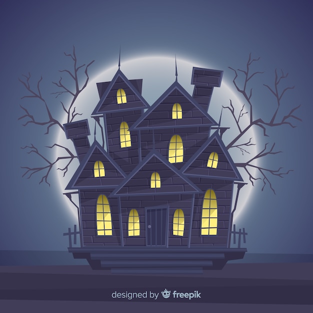 Vector fondo con casa encantada de halloween con luces difuminadas