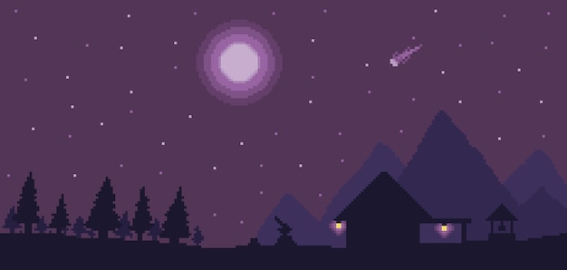 Fondo de casa de leñador de pixel art con pinos y montañas en el escenario del juego de bits del cielo nocturno
