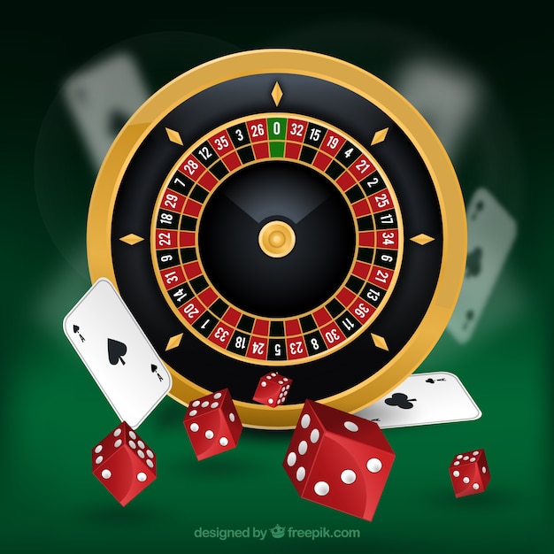 Fondo de casino con ruleta y dados rojos