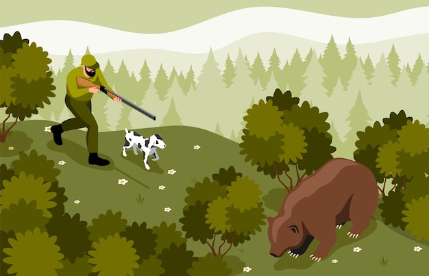 Fondo de cazador con arma de oso y perro de caza en la ilustración de vector isométrica del bosque
