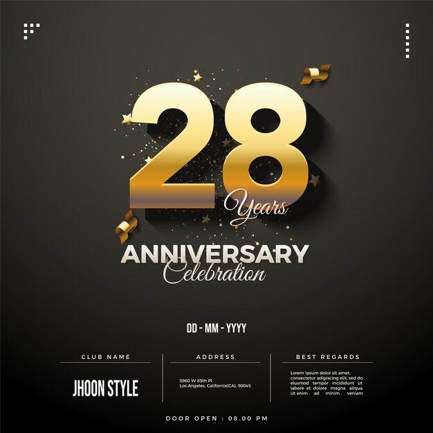 Fondo de celebración del 28 aniversario con números 3d dorados.