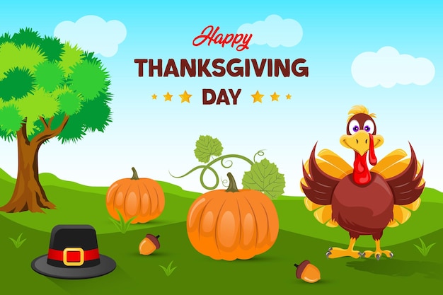 Fondo de la celebración de Acción de Gracias diseño dibujado a mano con calabaza de pavo y sombrero
