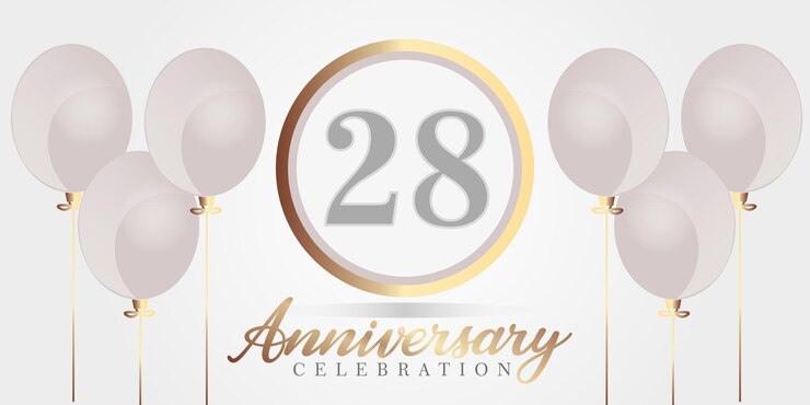 Vector fondo de celebración de aniversario de 28 años. números de color gris y dorado y texto con globos.