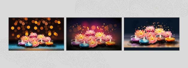 Fondo de celebración de diwali con flores iluminadas y velas de té