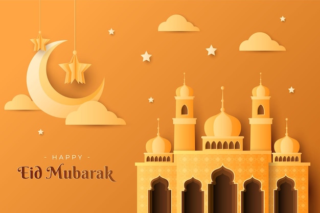 Fondo de celebración de eid mubarak con estilo de papel