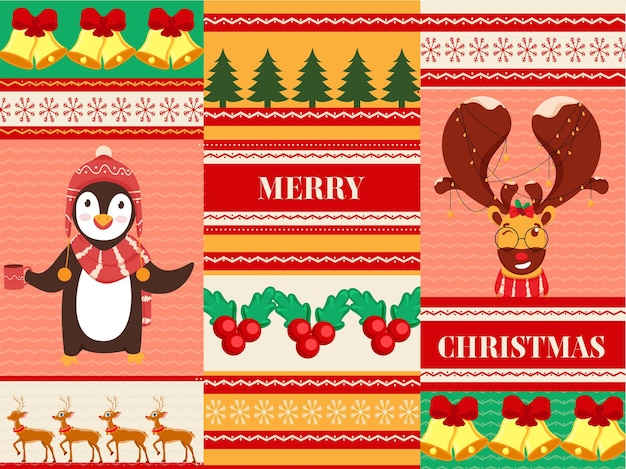 Fondo de celebración de feliz navidad decorado con pingüino, reno, cascabeles, árbol de navidad y ilustración de bayas de acebo.