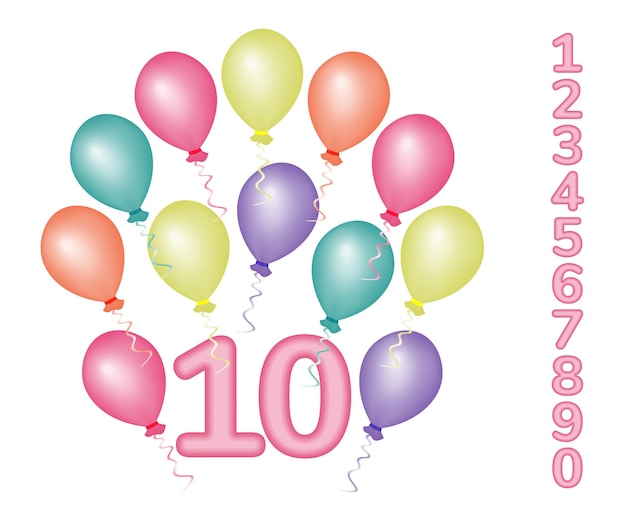 Fondo de celebración con globos de colores volando con número y texto Feliz cumpleaños