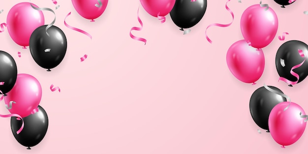 Fondo de celebración con globos rosados bellamente dispuestos diseño de ilustración vectorial 3D
