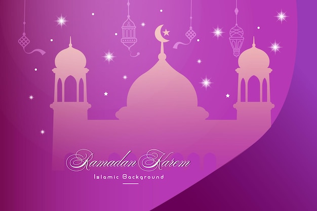 Fondo de celebración de Ramadán Kareem con mezquita y farol ketupat en un tema púrpura único