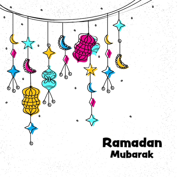 Fondo de celebración de Ramadán Mubarak decorado con ornamento islámico de estilo Doodle