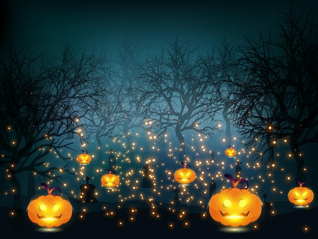 Fondo de cementerio de halloween con calabazas