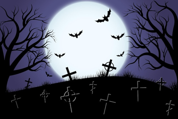 Fondo de cementerio de miedo de halloween con cruces de árboles y murciélagos silueta de halloween de una lápida etiquetas impresas y decoraciones para plantilla de artesanía de oficina ilustración vectorial