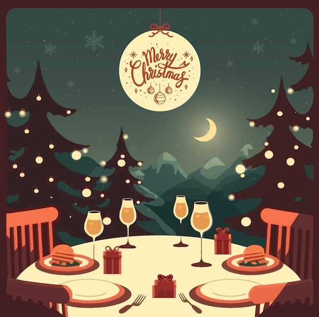 Fondo de cena romántica en nochebuena en el paisaje. una mesa con ilustración de comida