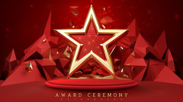 Fondo de ceremonia de entrega de premios rojo con estrella de oro de lujo 3d y elementos de podio de exhibición de productos