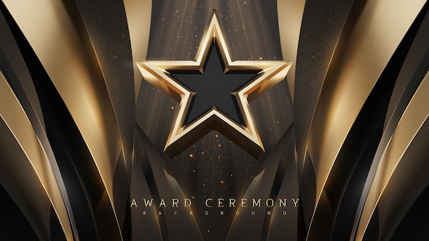 Fondo de ceremonia de premiación con estrella dorada 3d y elemento de cinta y decoración de efecto de luz brillante
