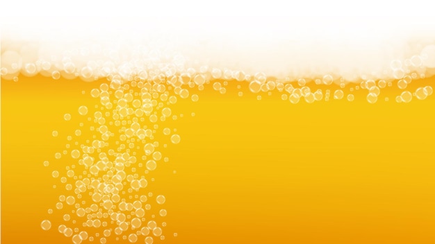 Fondo de cerveza con burbujas realistas. Bebida líquida fría para el diseño de menús de pub y bar, pancartas y folletos. Fondo amarillo cerveza horizontal con espuma blanca. Pinta fría de cerveza dorada o ale.