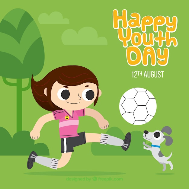 Vector fondo de chica jugando al fútbol con su mascota