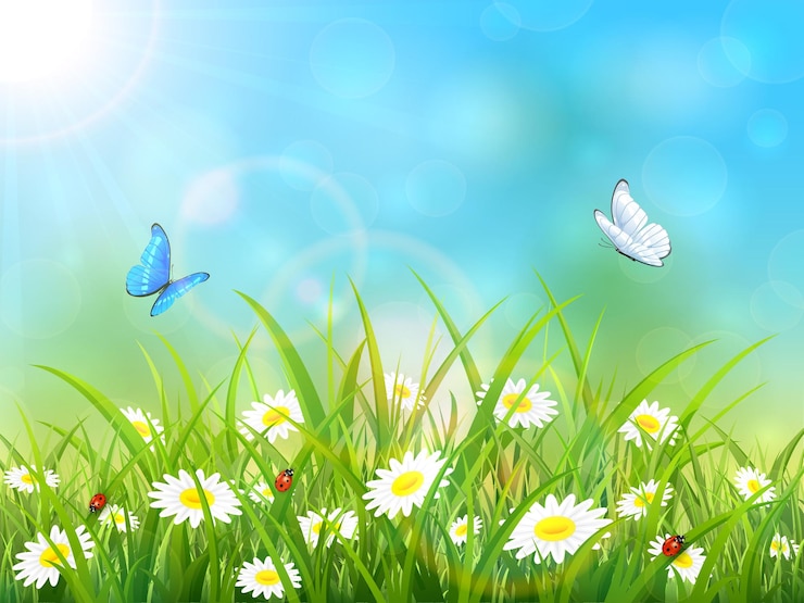 Vector fondo de cielo azul soleado mariposas volando sobre la ilustración de hierba y flores