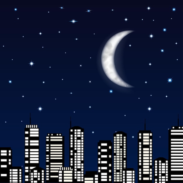 Vector fondo de cielo nocturno con luna, estrellas y silueta de la ciudad