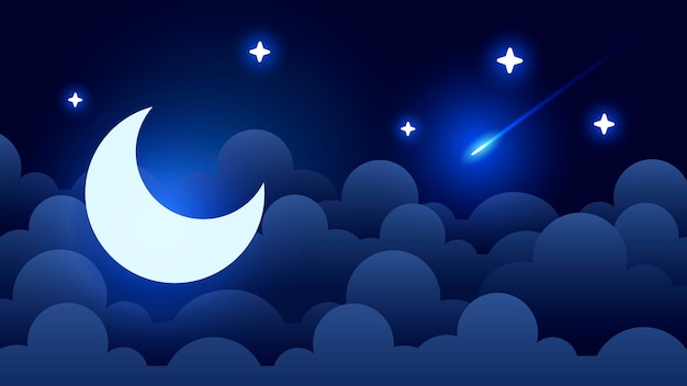 Vector fondo de cielo nocturno místico con media luna, nubes y estrellas. noche de luna.