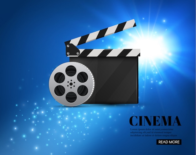 Fondo de cine con fondo de Movie.Blue con estrella de luz. Clapper Board.