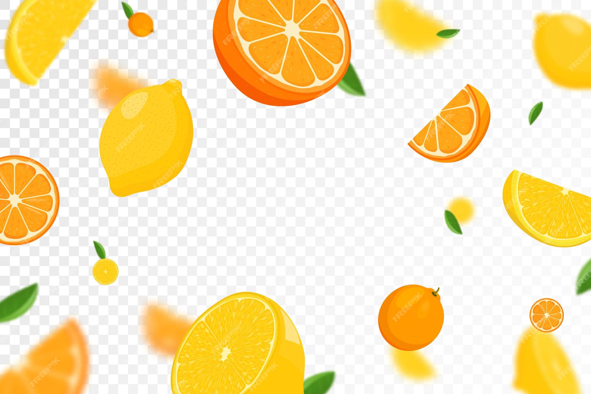 Fondo de cítricos limón volador y naranja con hoja verde sobre fondo transparente limón y naranja cayendo desde diferentes ángulos objetos enfocados y borrosos vector plano de dibujos animados | Vector Premium Fondo de cítricos limón volador y naranja con hoja verde sobre fondo transparente limón y naranja cayendo desde diferentes ángulos objetos enfocados y borrosos vector plano de dibujos animados | Vector Premium
