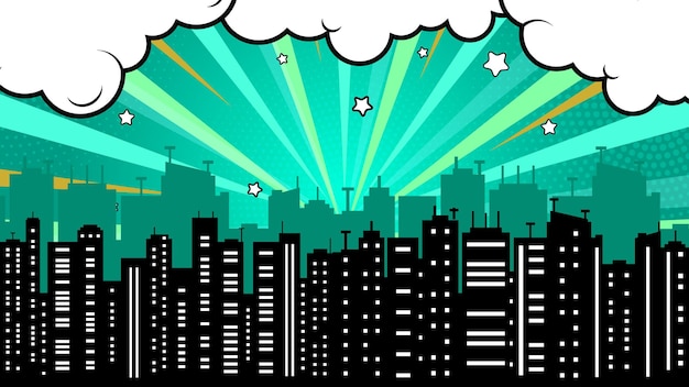 Fondo de la ciudad del cómic aislado en cian diseño de fondo con nube y estrella