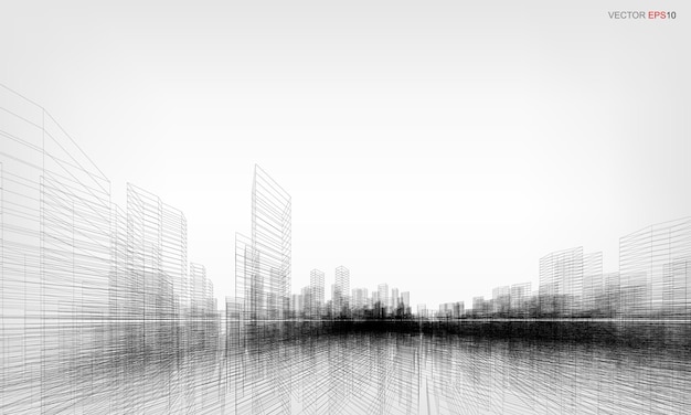 Fondo de la ciudad de estructura metálica. Render 3D de perspectiva de construcción de estructura metálica. Ilustración vectorial.