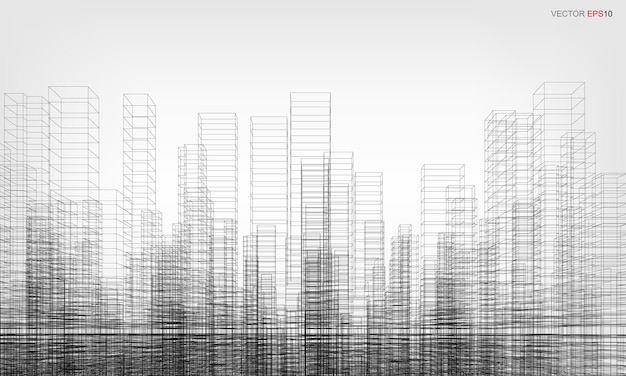 Fondo de la ciudad de estructura metálica. Render 3D de perspectiva de construcción de estructura metálica. Ilustración vectorial.