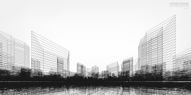 Fondo de la ciudad de estructura metálica. Render 3D de perspectiva de construcción de estructura metálica. Ilustración vectorial.