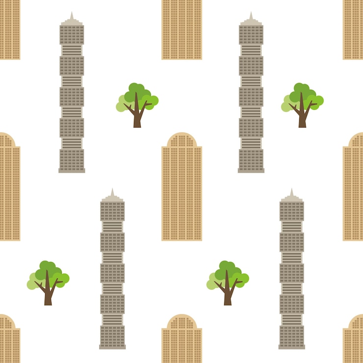 Vector fondo de ciudad impecable con casas modernas y árboles verdes. ilustración vectorial