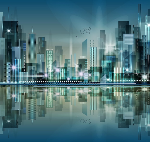 Fondo de la ciudad de noche con luces brillantes ilustración vectorial