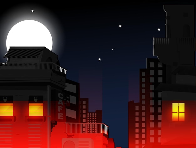 Vector fondo de ciudad de noche con luna clara