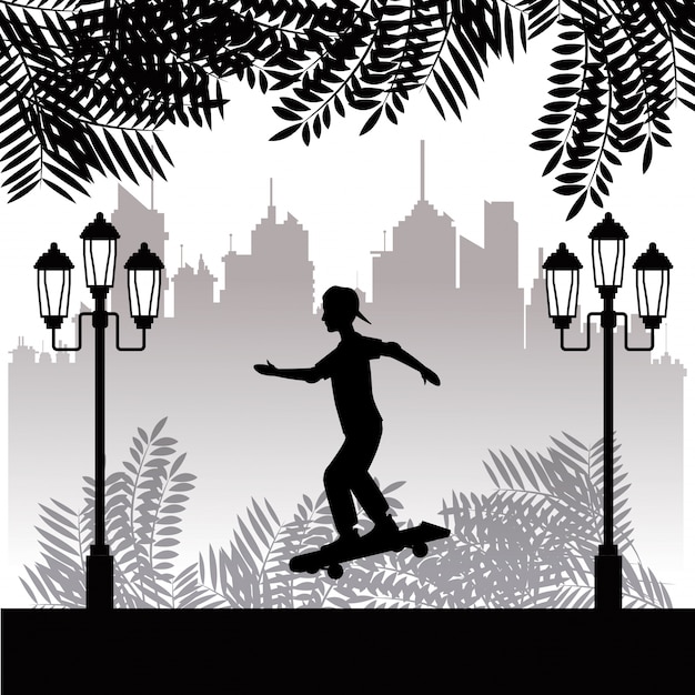 Vector fondo de la ciudad del parque del patinador del muchacho joven de la silueta