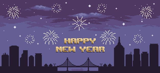 Fondo de ciudad de pixel art con fuegos artificiales, cinta negra feliz año nuevo fondo para juego de 8 bits