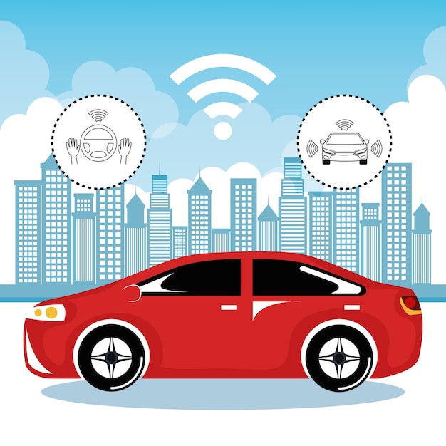 Fondo de la ciudad del sistema de comunicación inalámbrica y autos autónomos