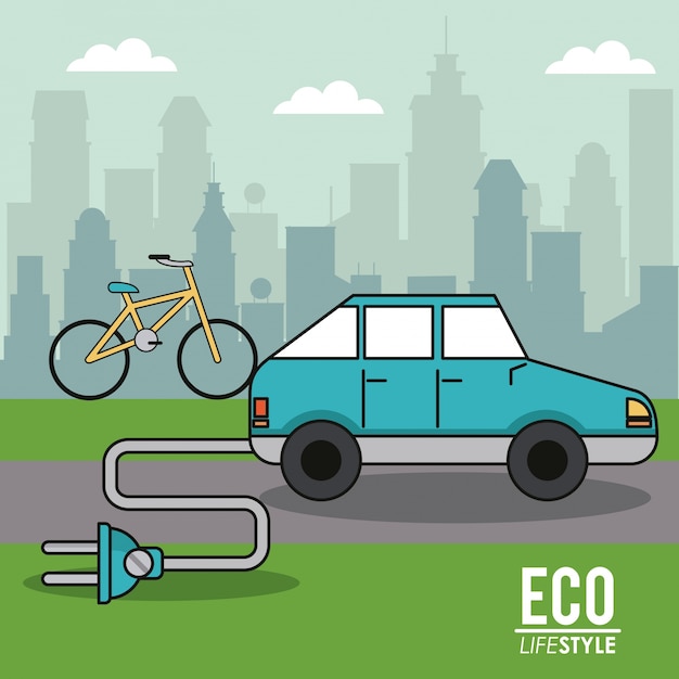 Fondo de la ciudad del transporte del verde de la bici del coche eléctrico de eco lifestyle