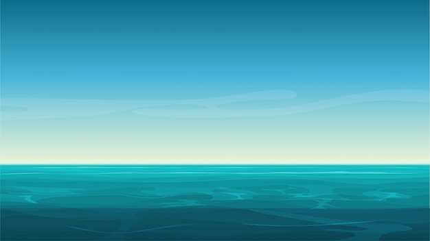 Vector fondo claro de mar océano de dibujos animados con cielo azul vacío.