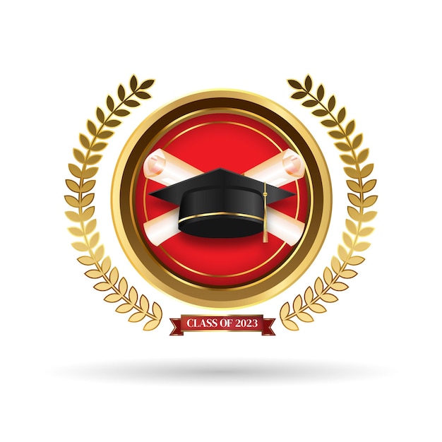 Vector fondo de clase de 2023 con sombrero de graduación confeti cinta dorada y certificado