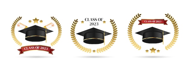 Vector fondo de clase de 2023 con sombrero de graduación confeti colección de cintas doradas