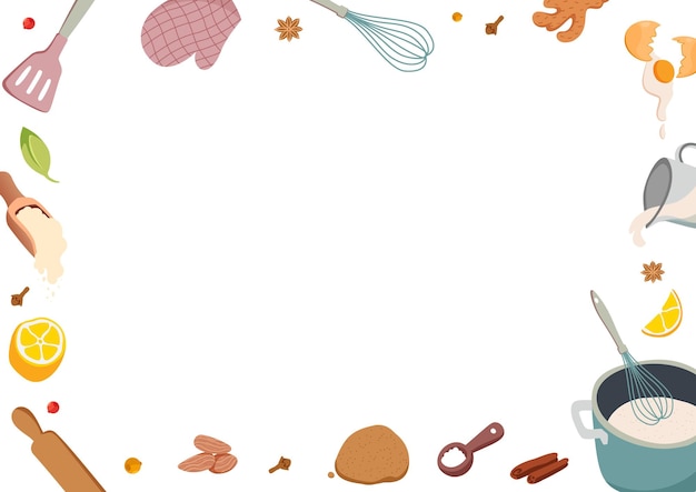 Fondo de cocina con marco decorativo Volante horizontal con artículos alimenticios ingredientes de la comida Diseño de carteles de cocina Lugar para notas Espacio de copia de texto Ilustración plana vectorial