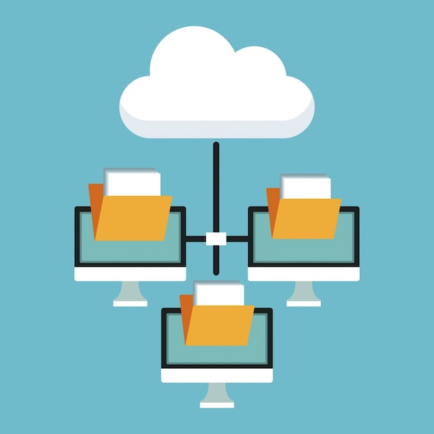 Fondo de color con almacenamiento en la nube y grupo de visualización de la computadora con carpetas