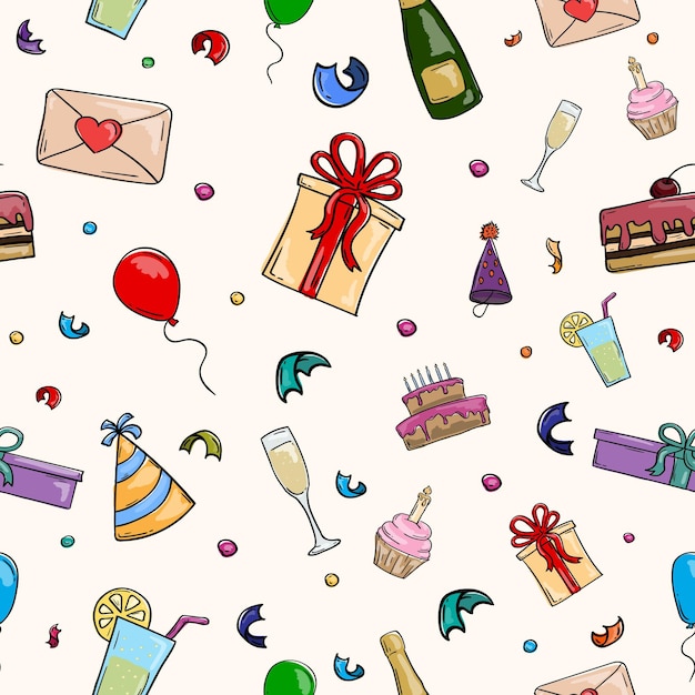 Vector fondo de color festivo sin costuras con tapas de globos de pastel y bebidas de cumpleaños