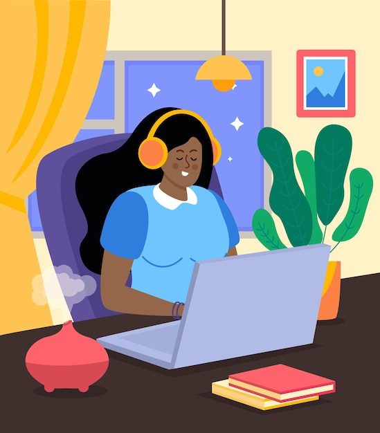 Fondo de color plano de personas introvertidas con mujer joven alegre en auriculares sentados en la mesa con ilustración de vector de cuaderno
